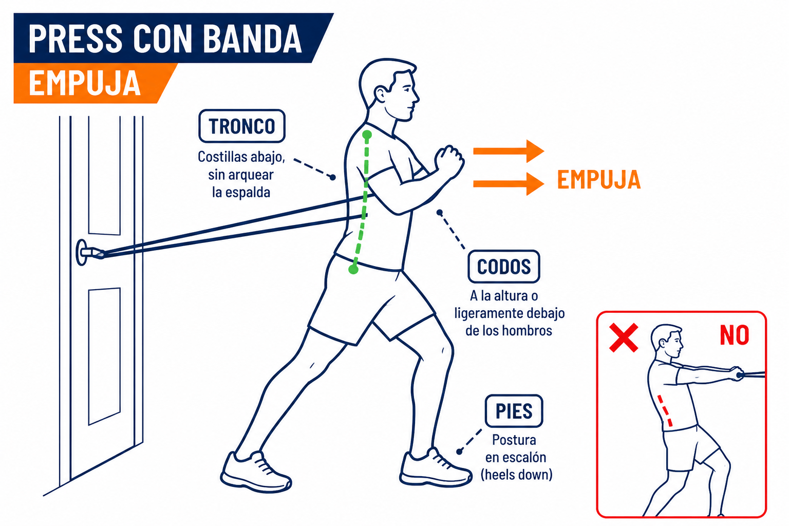 Press de pecho con banda: flecha EMPUJA, pies en escalón, tronco largo