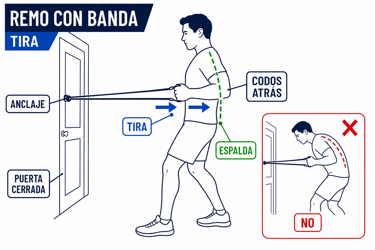 Remo con banda: ancla a la altura del pecho, puerta cerrada, flecha TIRA, codos atrás