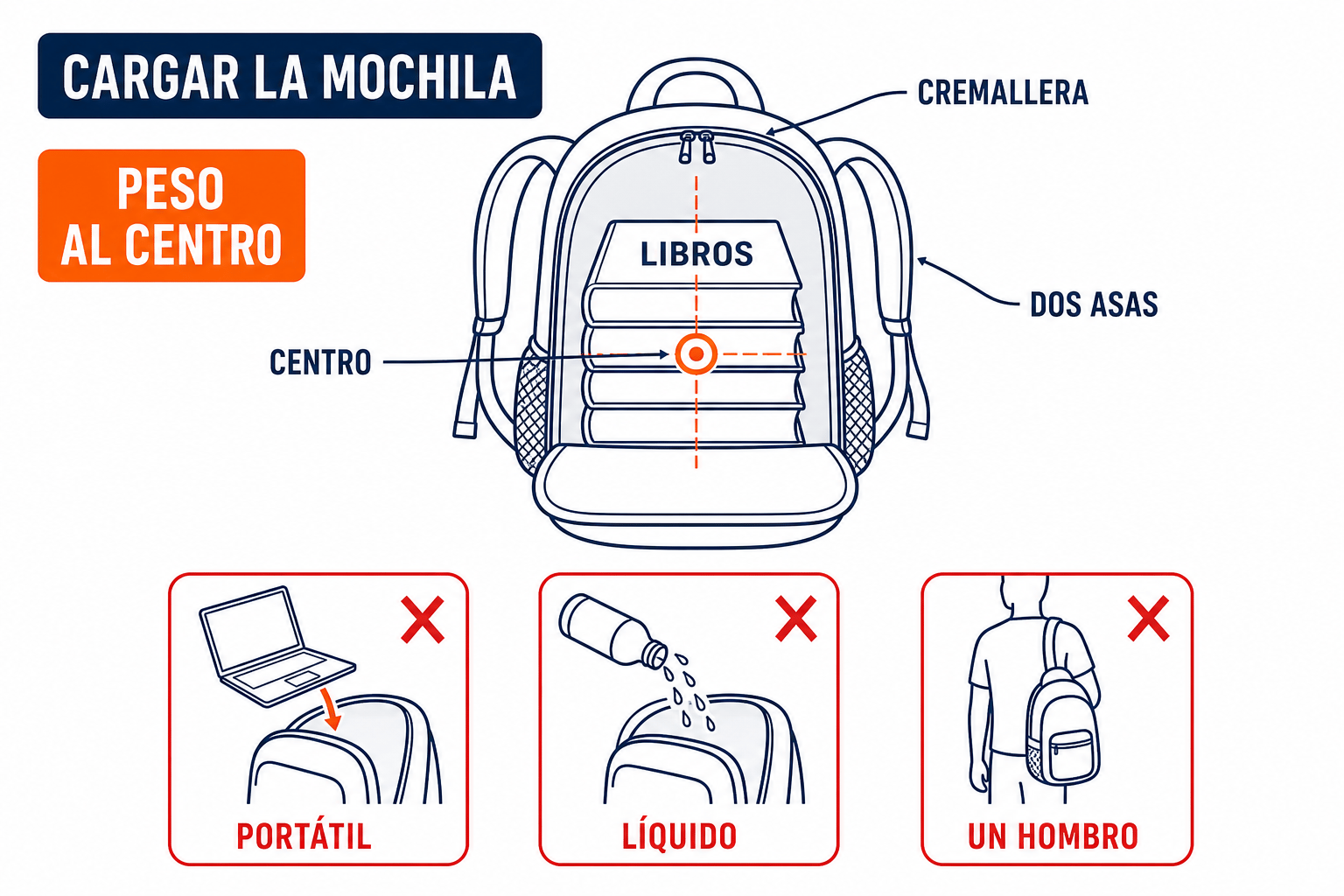Mochila con libros centrados, cremallera y dos asas; no portátil, no líquido abierto, no un hombro