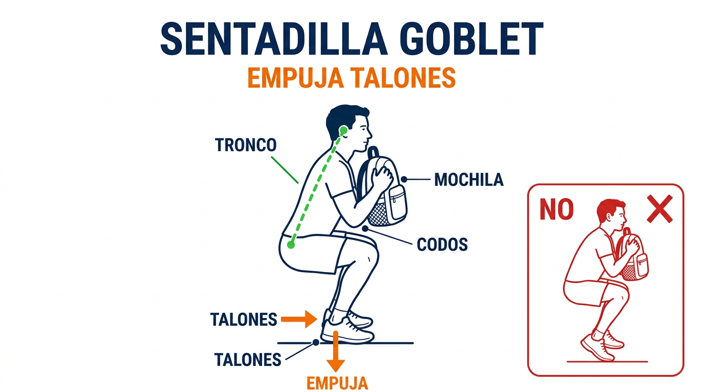 Sentadilla goblet: mochila al pecho, flecha EMPUJA en los talones