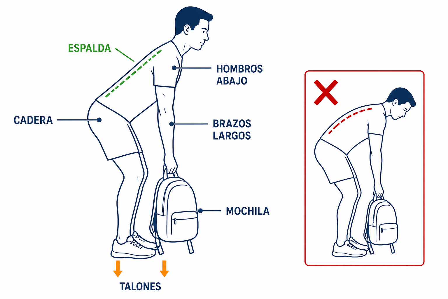 Remo con mochila, inicio: bisagra de cadera, espalda larga, brazos largos