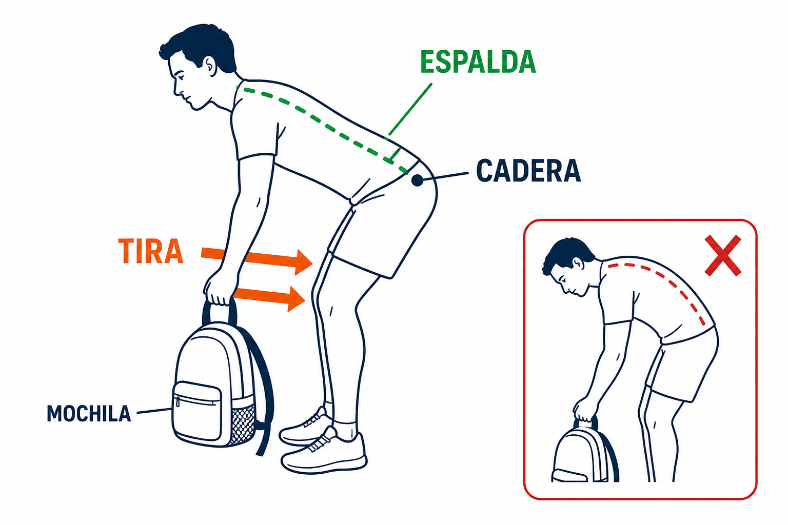 Remo con mochila: flecha TIRA hacia la cadera, codo a la costilla, omóplato junto