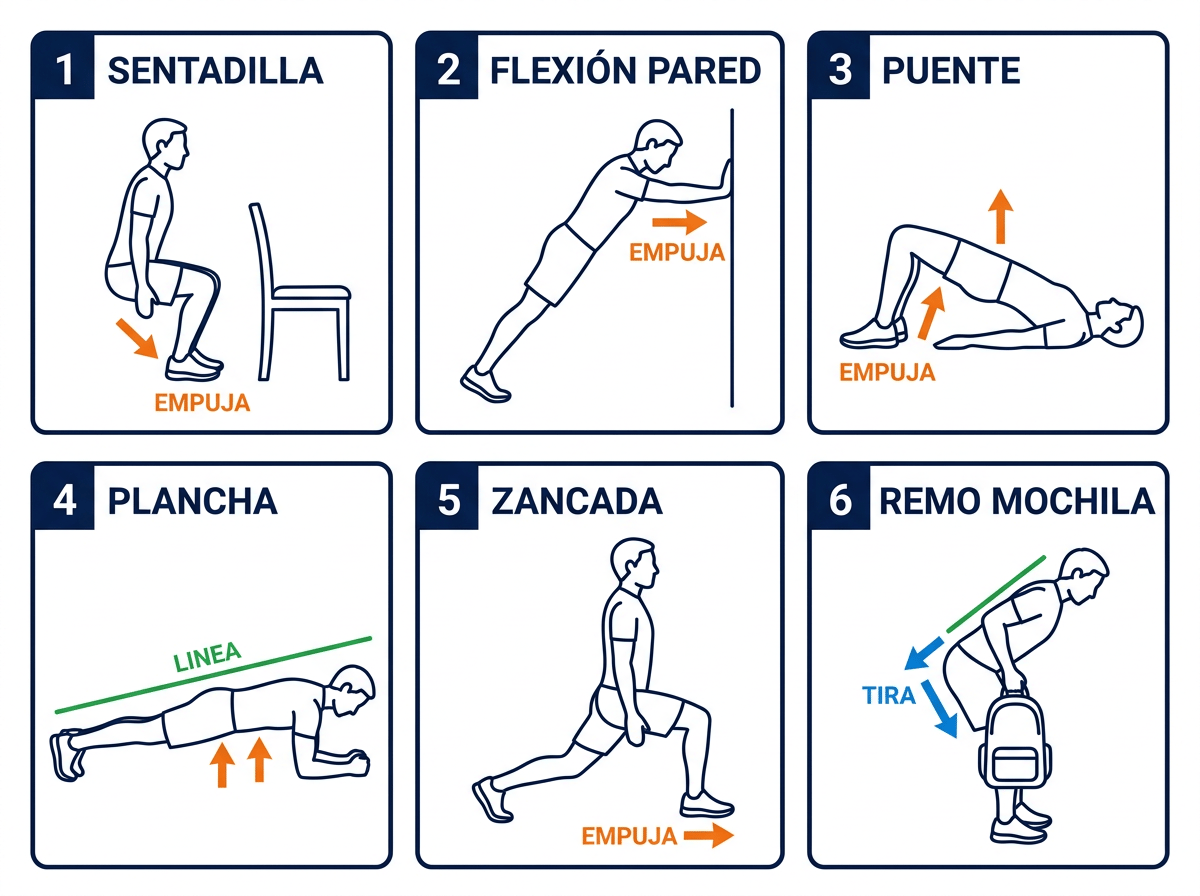 Los seis gestos: sentadilla, flexión, puente, plancha, zancada y remo con mochila, con flechas de empuje y tirón
