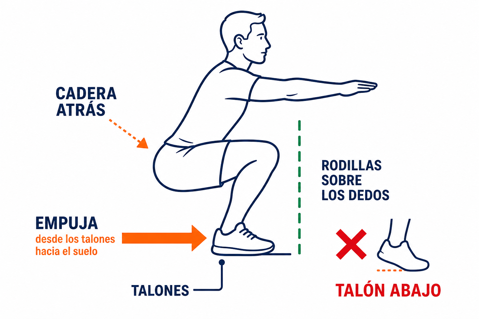 Sentadilla al aire: cadera atrás, EMPUJA desde los talones, talón que no se levanta
